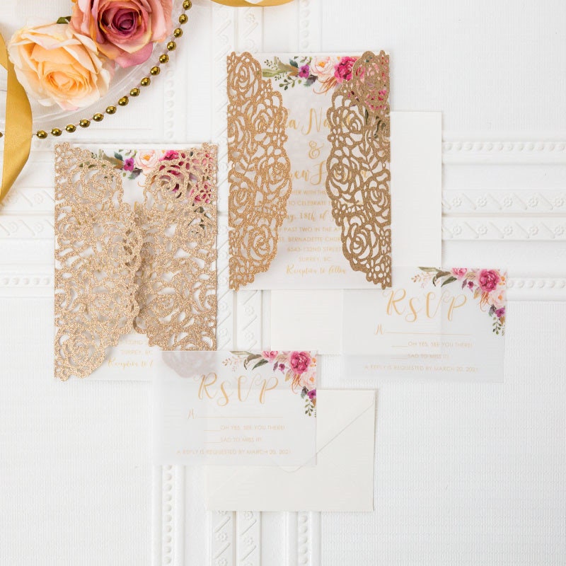 Rose Gold Glitter Lasercut Wedding Invitation with Pink Florals