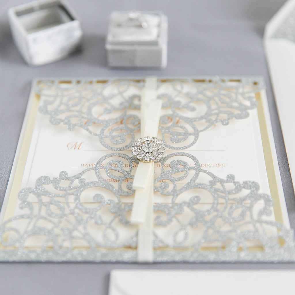 Silver Glitter Gatefold Lasercut Wedding Invitation with Diamanté Detail Embellishment & Ivory Ribbon