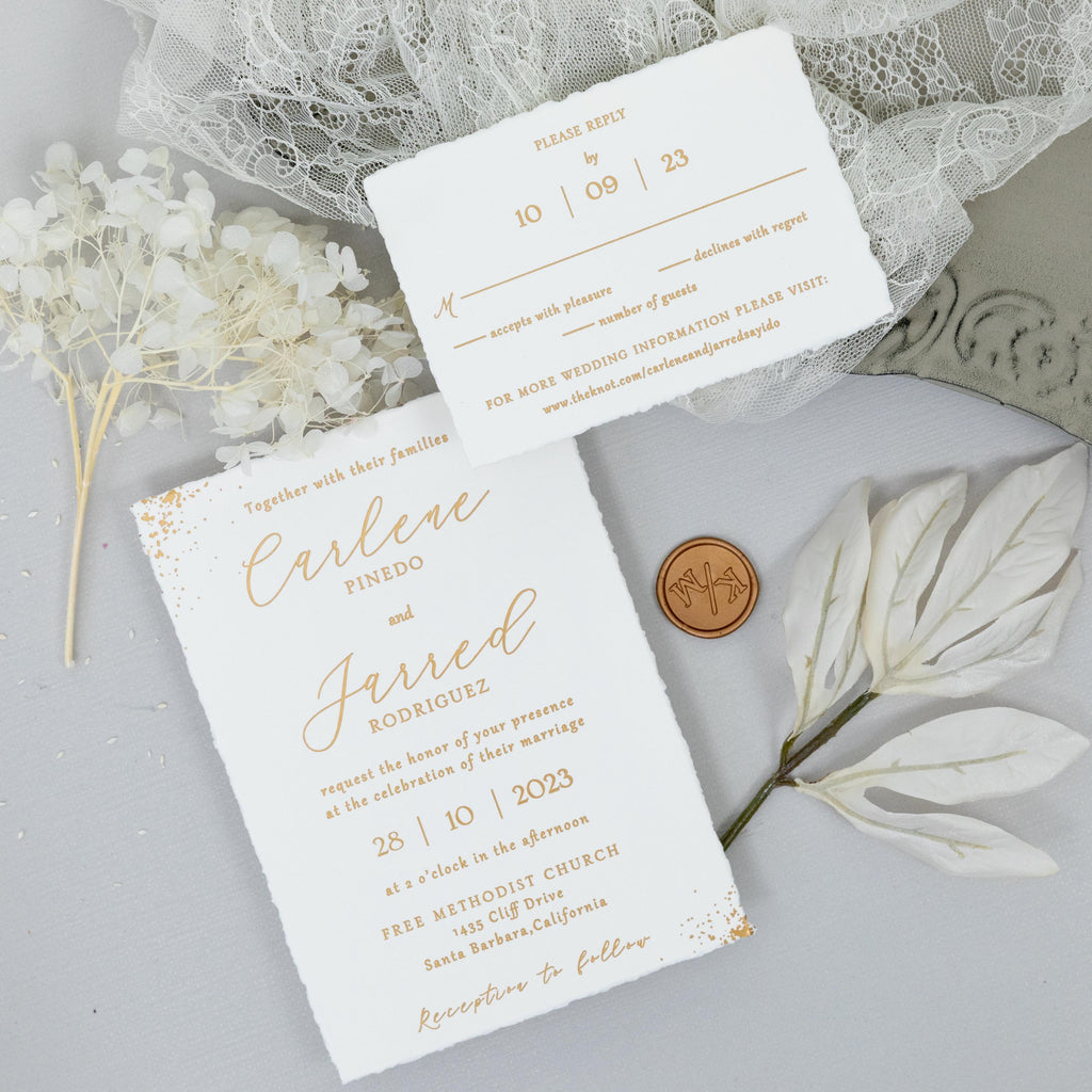 Gold Foiled Deckle Edge Wedding Invitation | RSVP & Wax Seal
