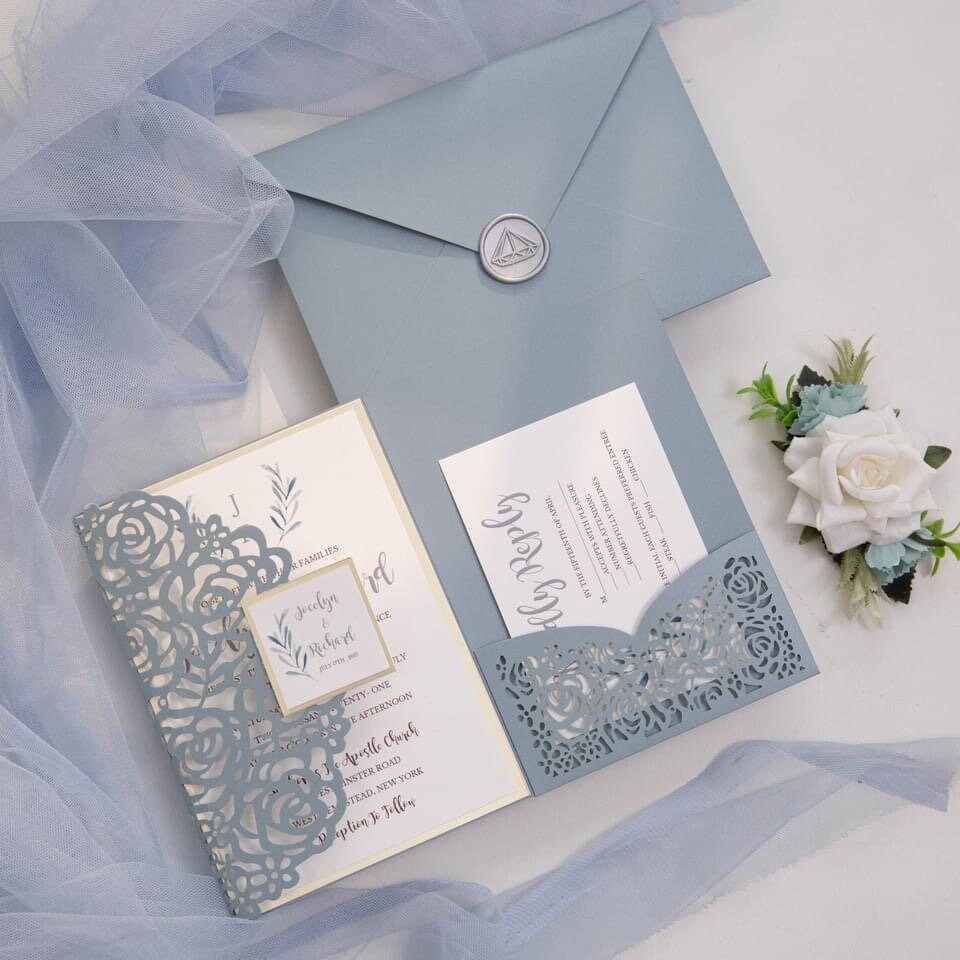 Dusty Blue Rose Lasercut Pocketfold Wedding Invitation with Silver Wax Seal & RSVP Insert