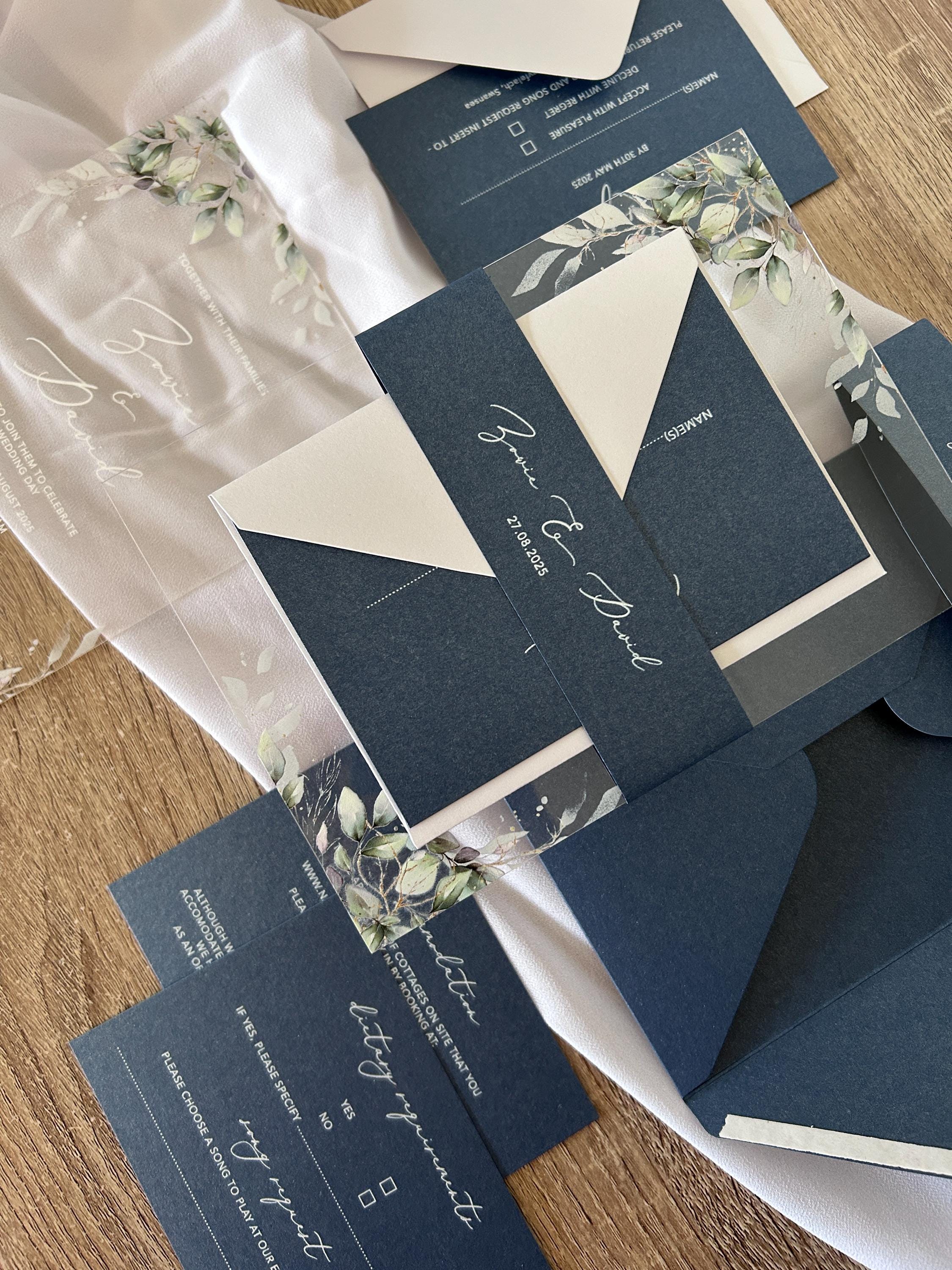 Navy & Clear Acrylic Wedding Invitation | Green Foliage, Elegant Suite