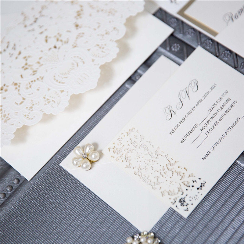 Laser Cut Wedding Invitation, Ivory Embossed Design