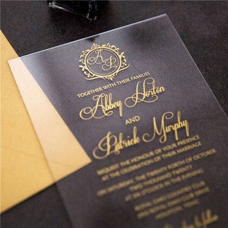 Acrylic Wedding Invitation: Clear Perspex with Gold Print