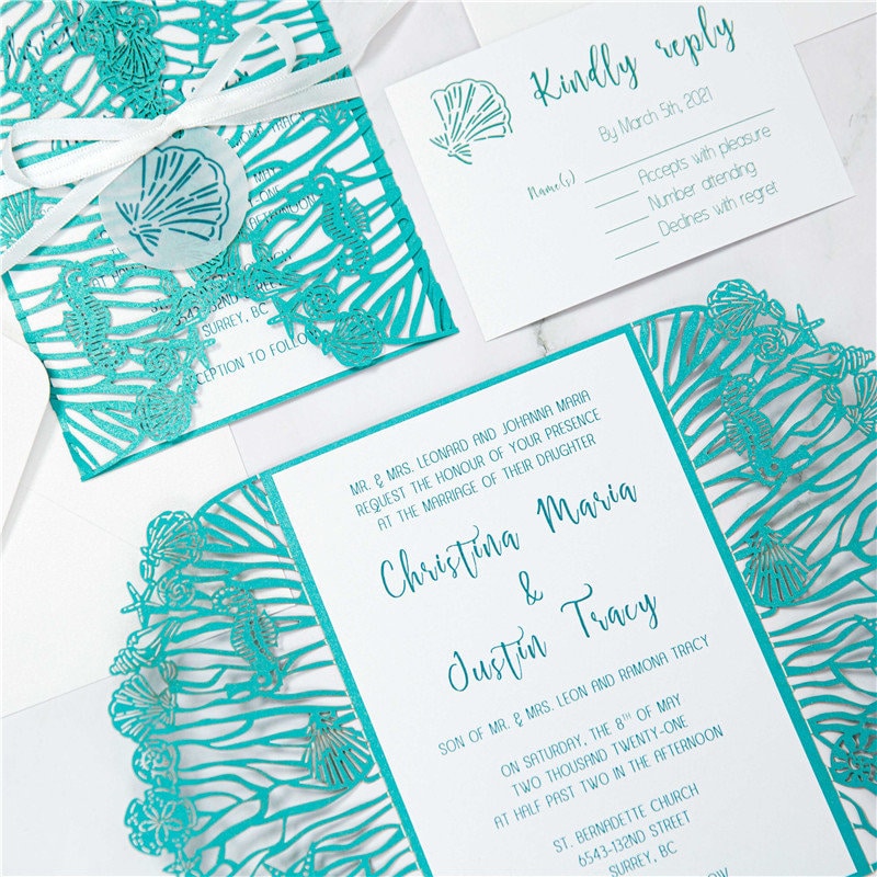 Beach Shell Laser Cut Wedding Invitation, Teal Shimmer