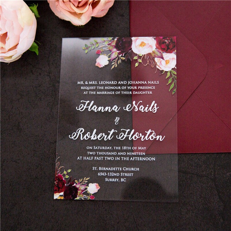 Acrylic Wedding Invitation: Clear Perspex with Burgundy Floral Design