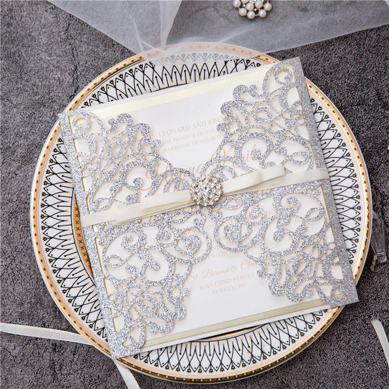 Silver Glitter Gatefold Lasercut Wedding Invitation with Diamanté Detail Embellishment & Ivory Ribbon