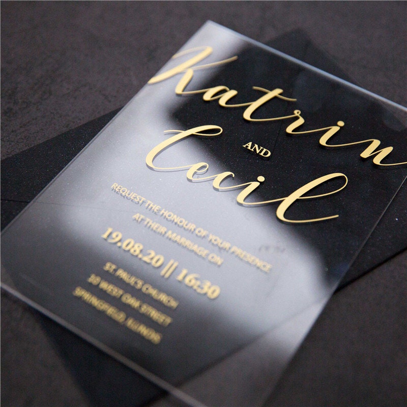 Acrylic Gold Wedding Invitation, Clear Perspex Invite
