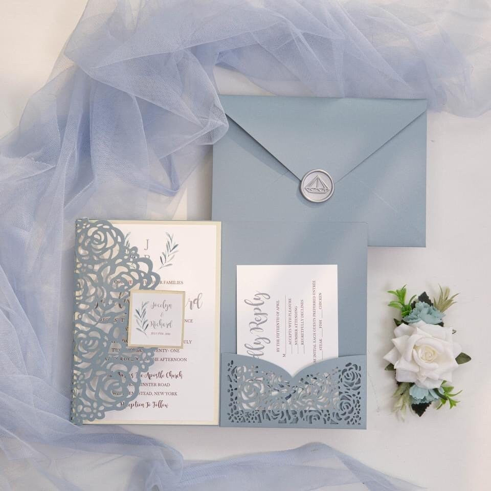 Dusty Blue Rose Lasercut Pocketfold Wedding Invitation with Silver Wax Seal & RSVP Insert