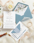 Luxury Letterpress wedding invite with foiled emblem, vellum bellyband and blue envelope | Wedding Invitation