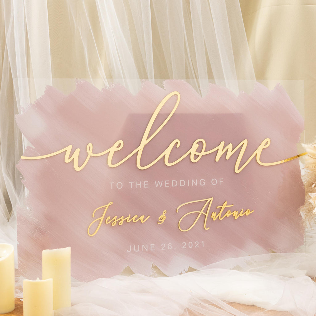 Watercolour blush pink and gold Wedding Welcome Sign with Gold Mirror 3D acrylic Names