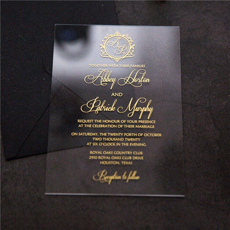 Acrylic Wedding Invitation: Clear Perspex with Gold Print
