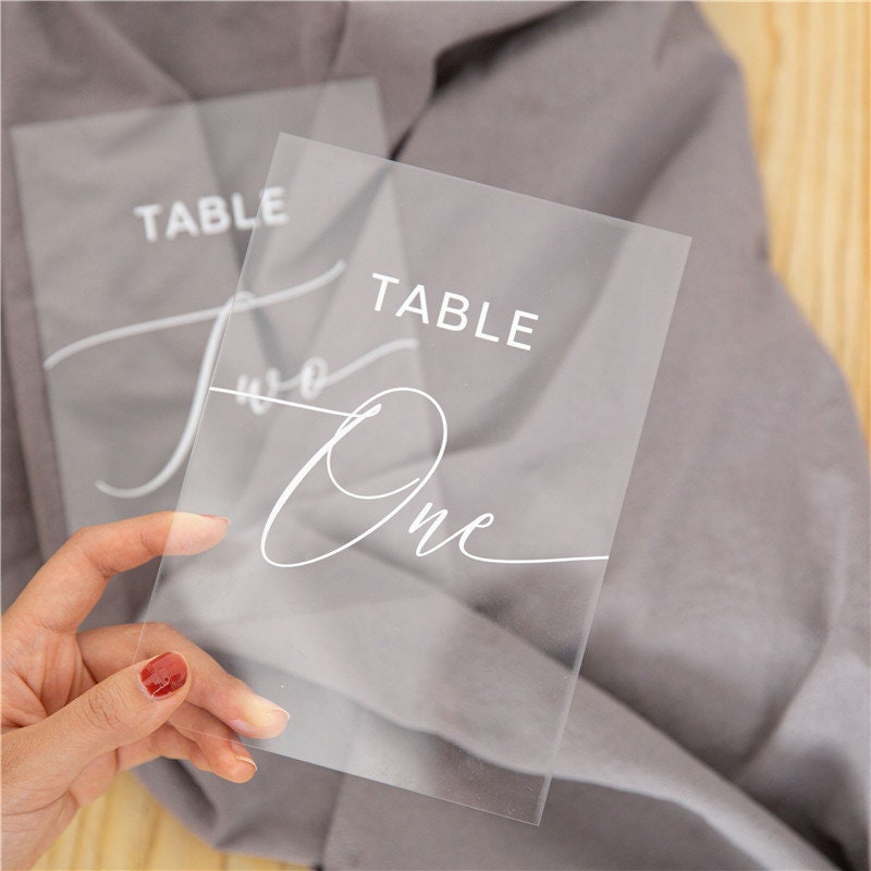 Clear Acrylic Wedding Table Number/Name Sign, Minimalist Design (5x7 inches)