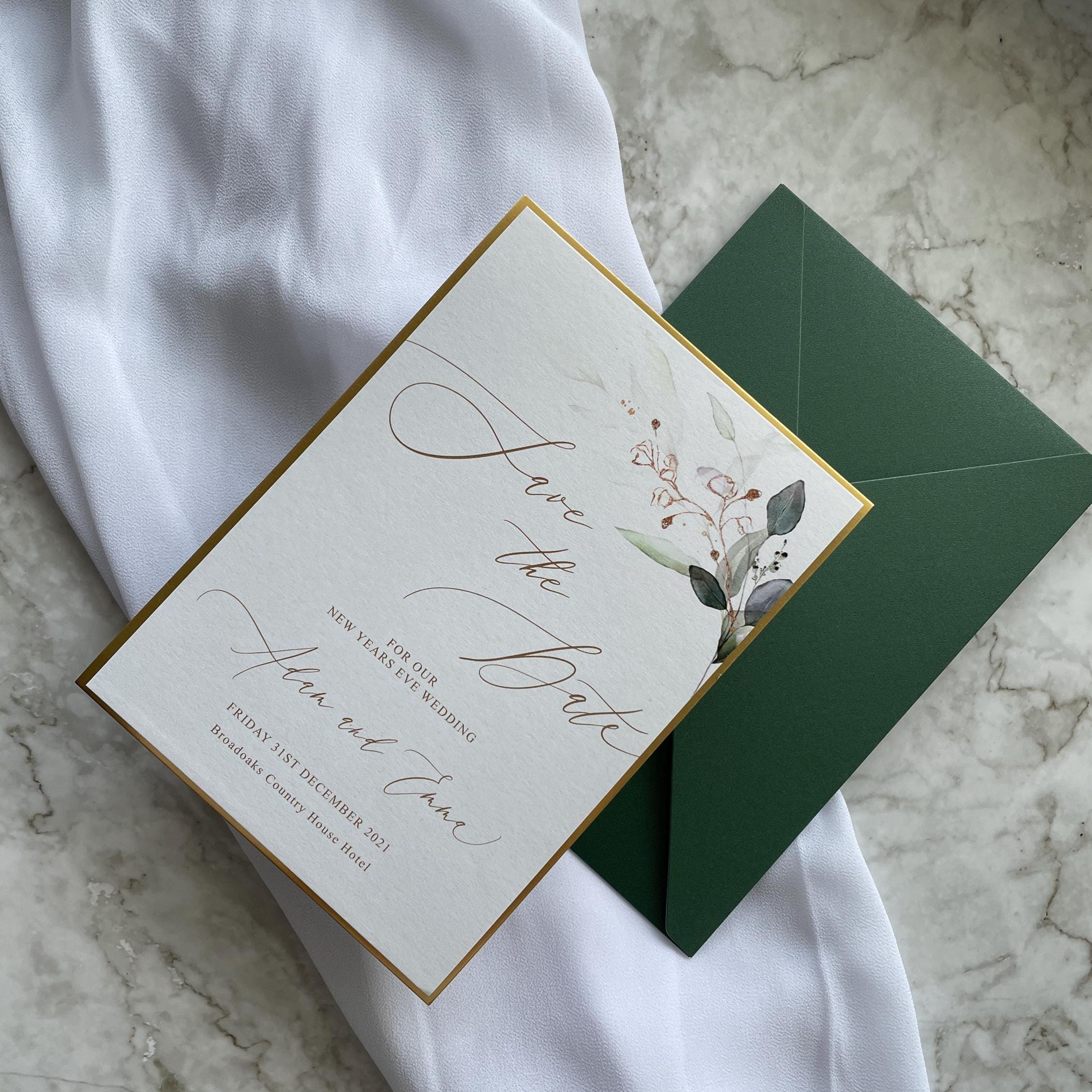 Boho Wedding Save The Date Gold And Emerald Green, Leafy Design with Gold Metallic Trim