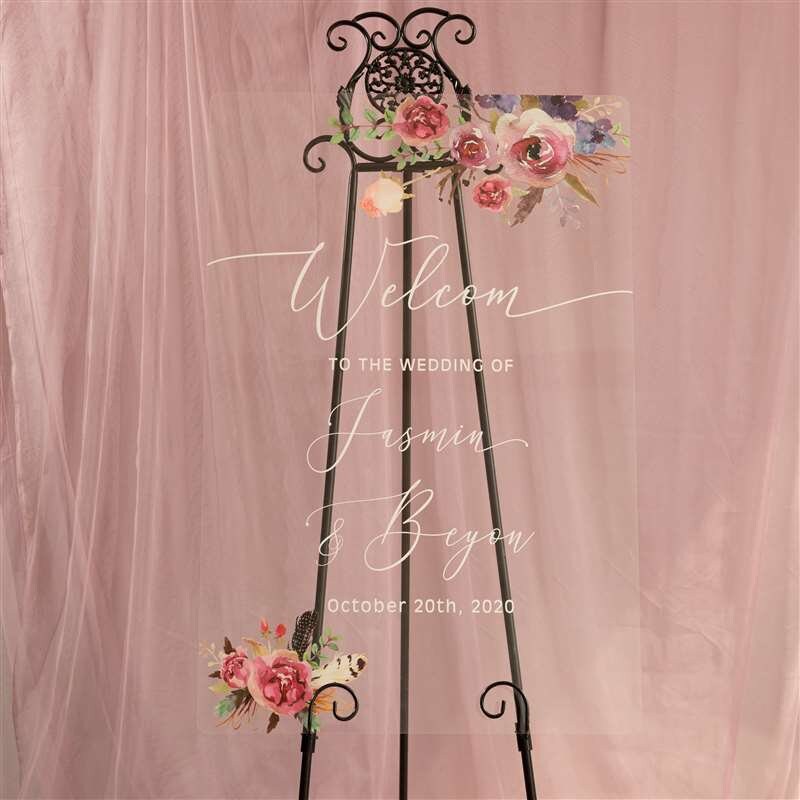 Floral Wreath Acrylic Wedding Welcome Sign, Personalized Calligraphy