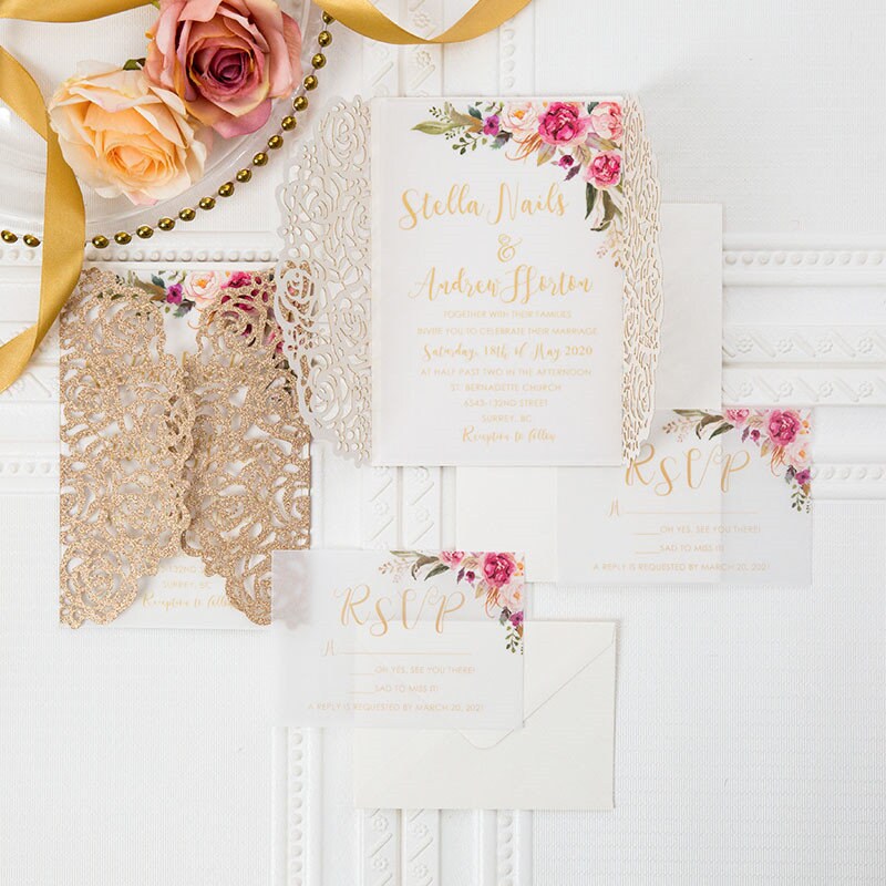 Rose Gold Glitter Lasercut Wedding Invitation with Pink Florals