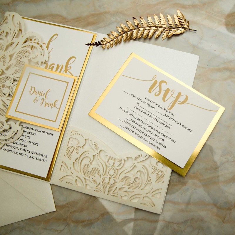 Laser Cut Wedding Invitation: Ivory Shimmer, Gold Mirror