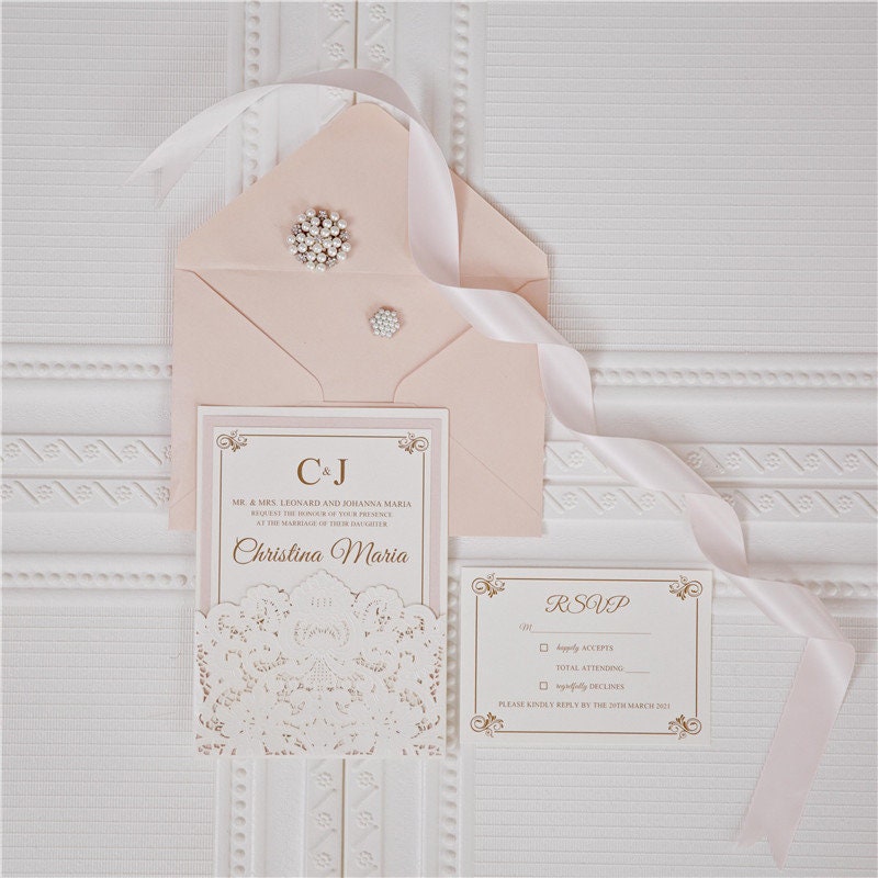 Laser Cut Ivory & Blush Wedding Invitation Suite