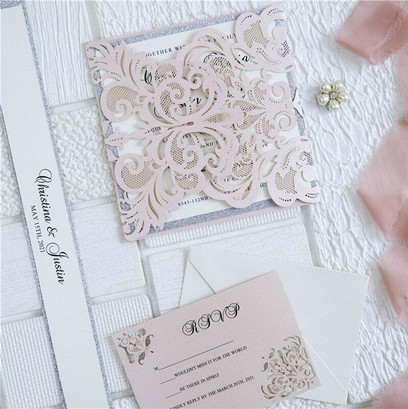 Blush Pink Laser Cut Wedding Invitation with Silver Glitter