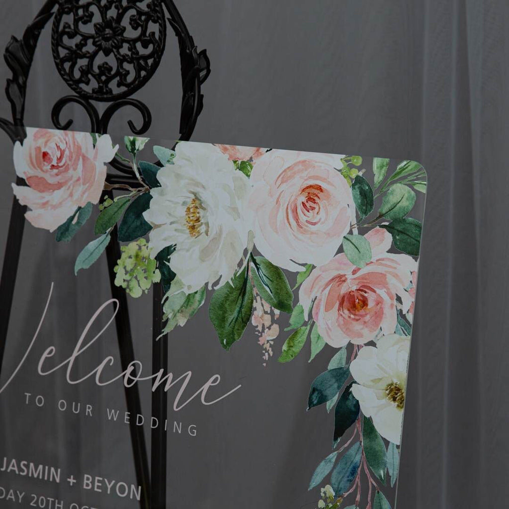 Blush Floral Acrylic Wedding Welcome Sign, Personalized Calligraphy