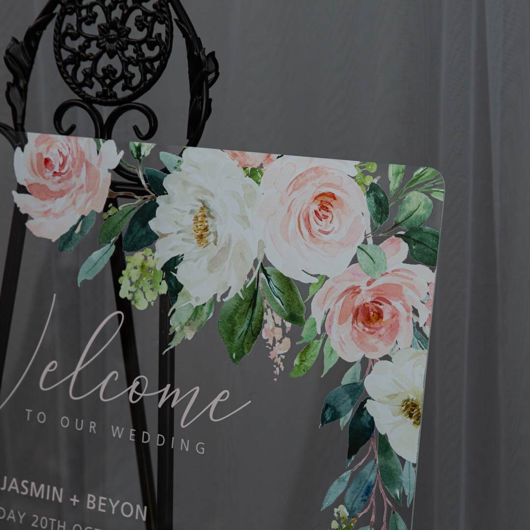 Blush Floral Acrylic Wedding Welcome Sign, Personalized Calligraphy