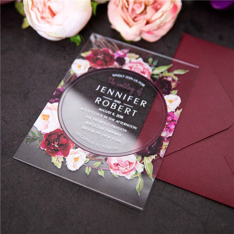 Acrylic Clear Burgundy Red Floral Wreath Wedding Invitation