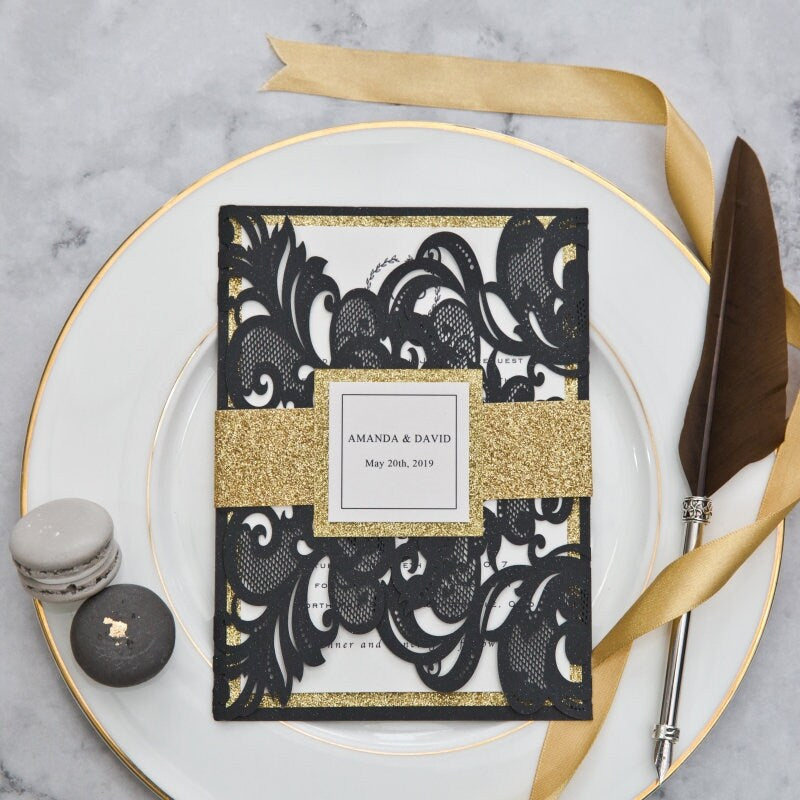 Black Laser Cut Wedding Invitation with Gold Glitter Accent