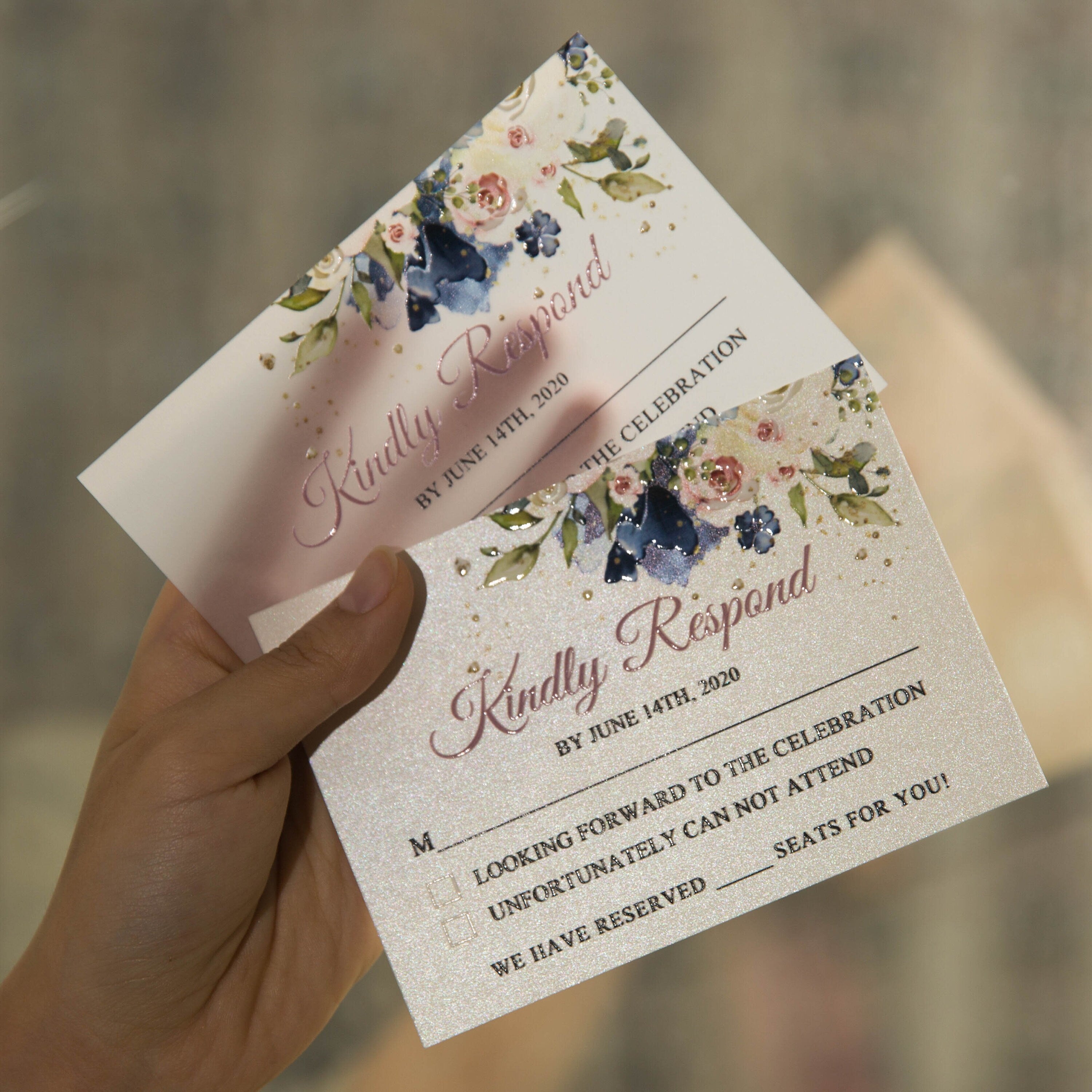 Blue & Pink Floral Wedding Invitation, UV Printed Flat Invite