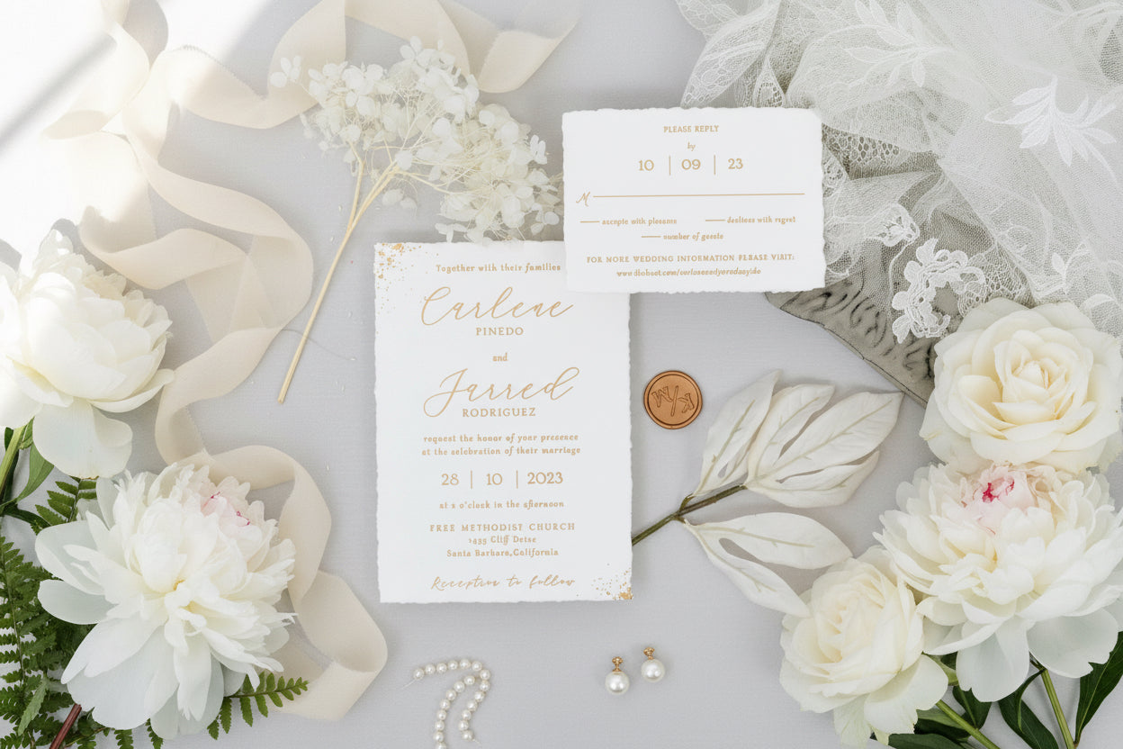 Gold Foiled Deckle Edge Wedding Invitation | RSVP & Wax Seal