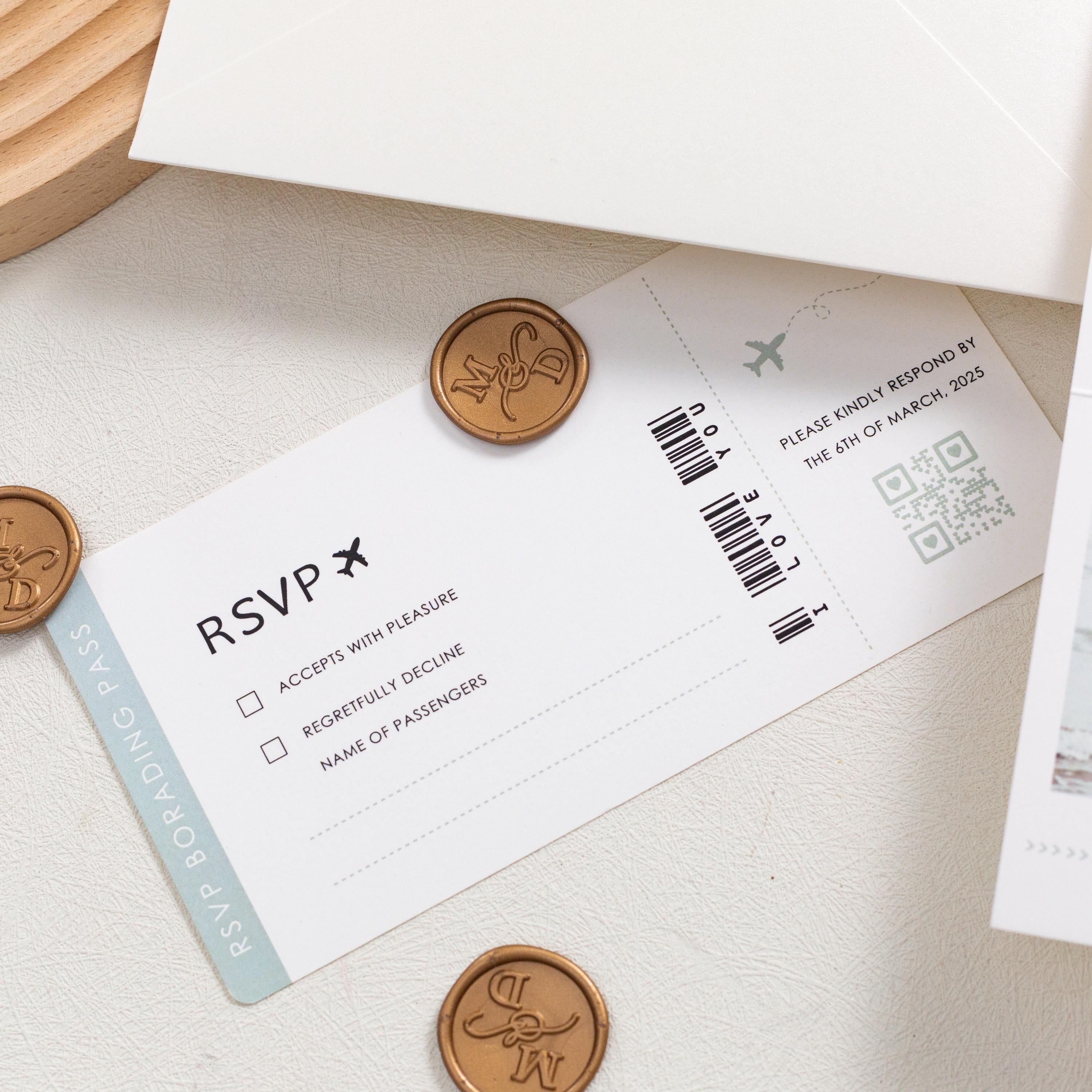 Destination Wedding Passport Invitation with Gold Airplane Charm