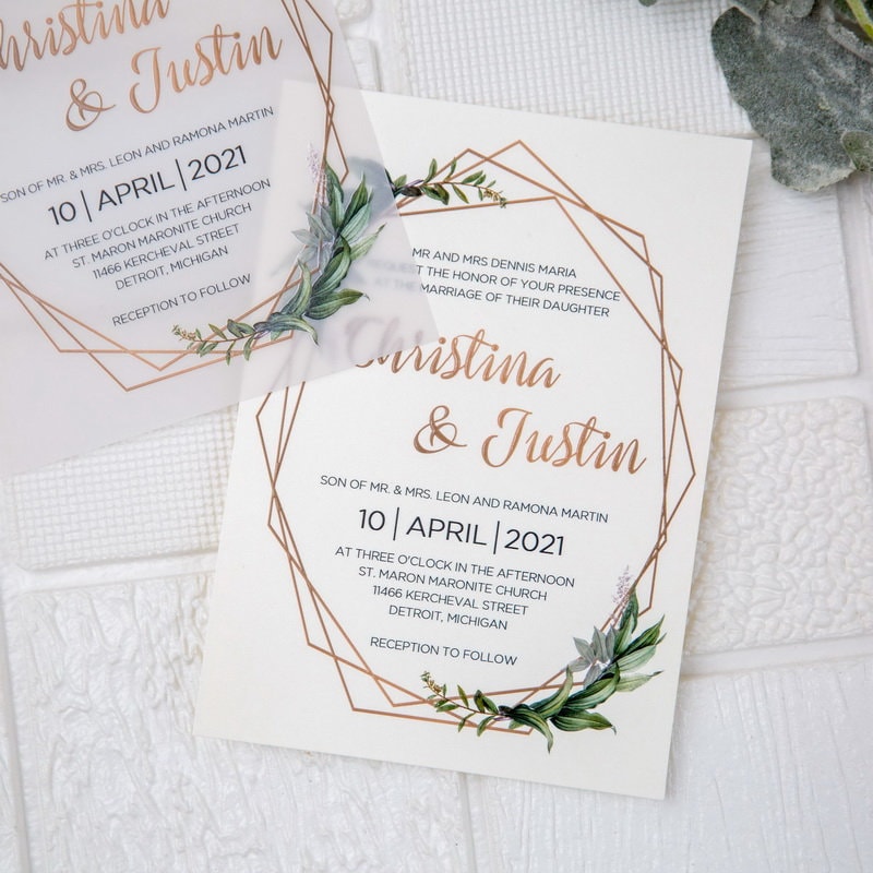 Geometric Olive Eucalyptus Leaf Design UV Printed Wedding Invite / Invitation