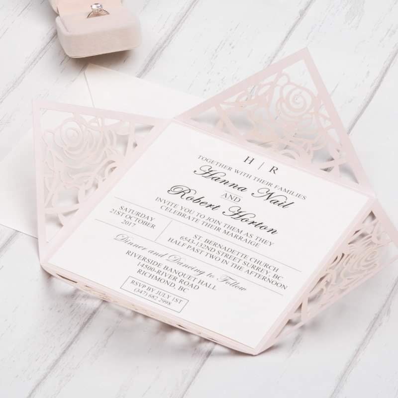 Blush Pink & Ivory Rose Detail Lasercut Wedding Invite with Bellyband