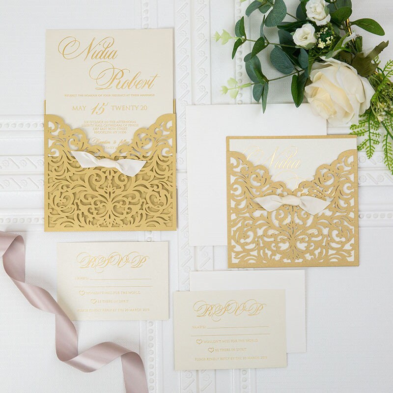 Gold Pocket Wedding Invitation with Gold Foiling Detailing and Ivory Ribbon Finish