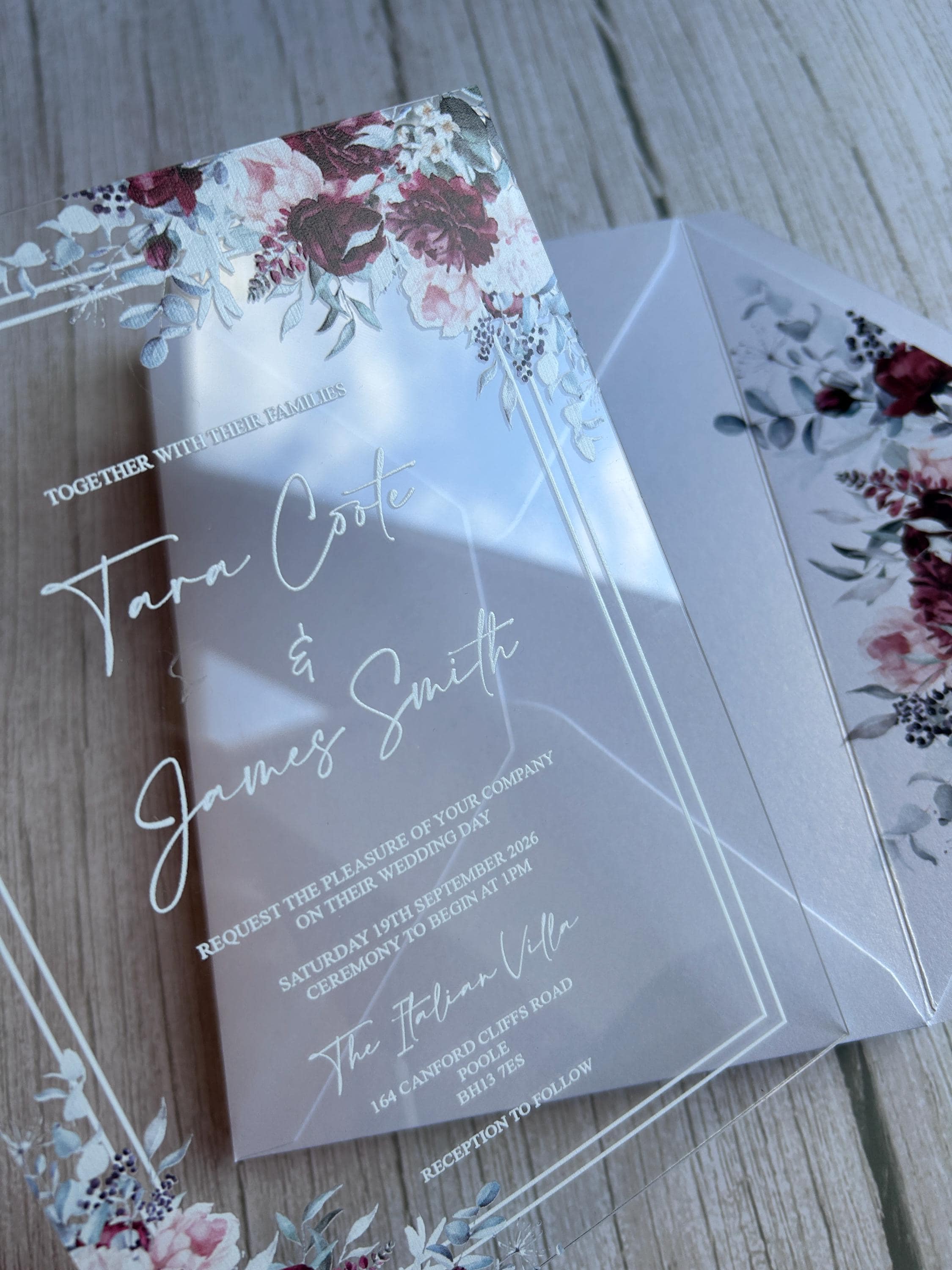 Acrylic Wedding Invitation with Wax Seal, Clear Floral Wedding Invite, Luxury Modern Wedding Stationery