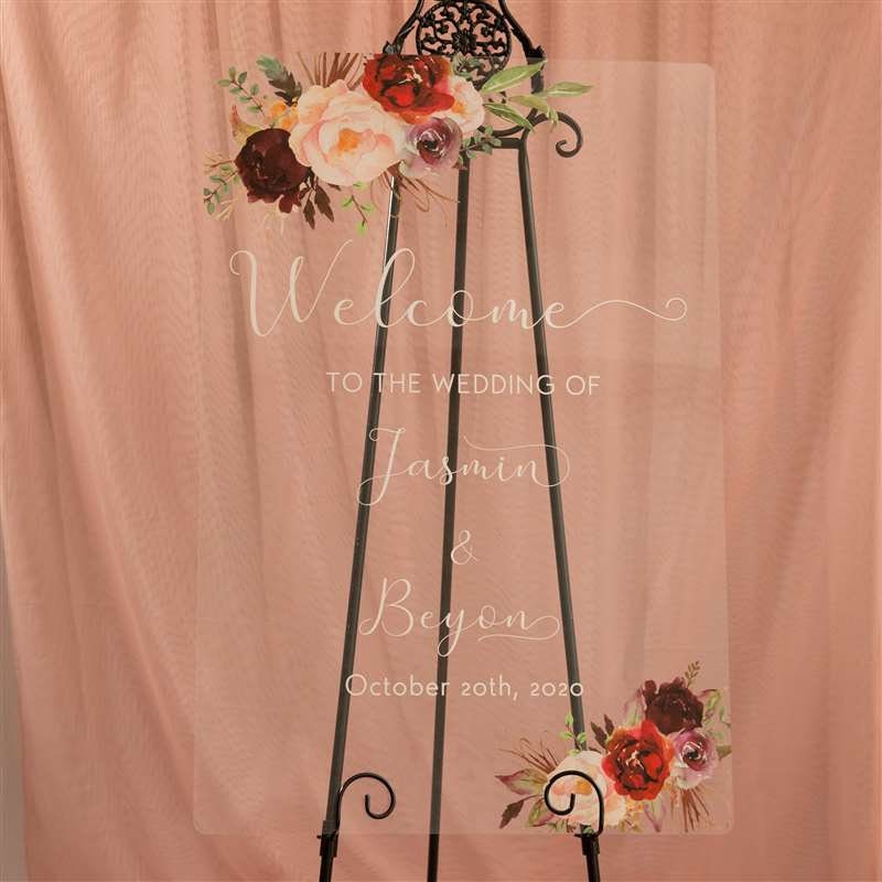 Burgundy & Blush Floral Acrylic Wedding Welcome Sign