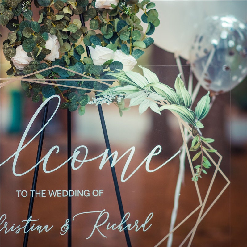 Geometric Foliage Calligraphy Acrylic Wedding Sign