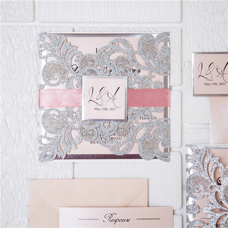 Silver Glitter & Pink Ribbon Lasercut Wedding Invitation with Silver Mirror Detailing