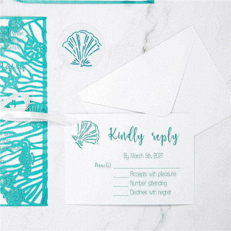 Beach Shell Laser Cut Wedding Invitation, Teal Shimmer