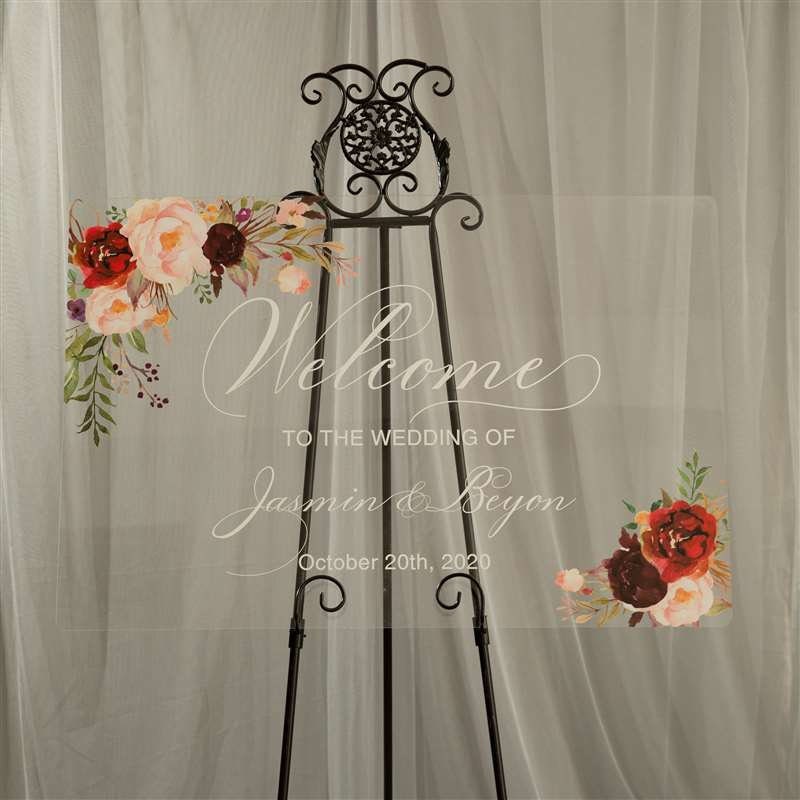 Burgundy Blush Floral Acrylic Wedding Welcome Sign