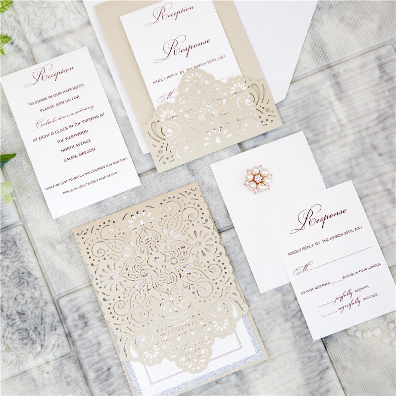 Champagne Gold Pocket Lasercut Wedding Invite / Wedding Invitation