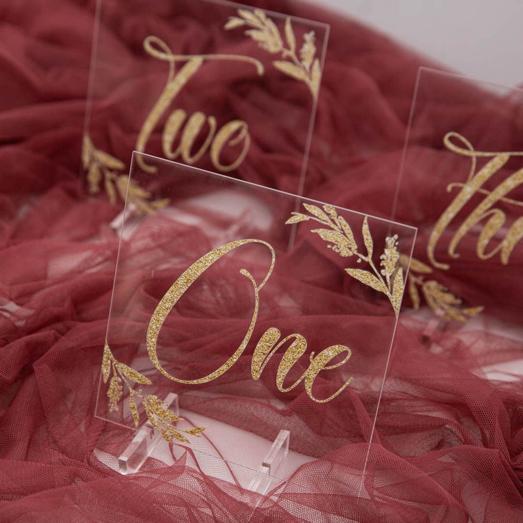 Gold Foil Acrylic Wedding Table Numbers with Floral Design