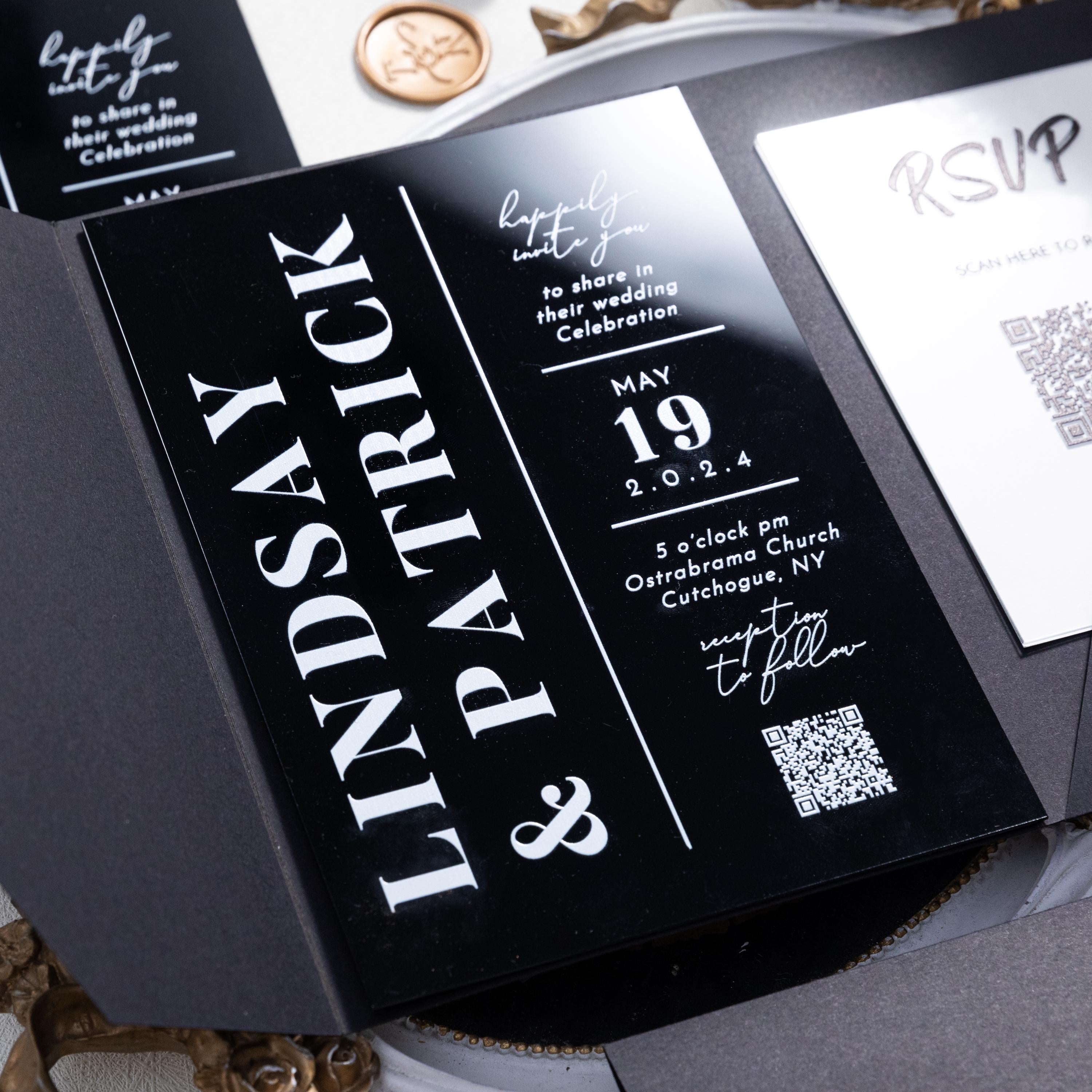 Black Acrylic Pocket Wedding Invitation | Modern Monochrome Invite with RSVP