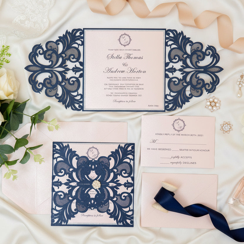 Navy Laser Cut Wedding Invitation, Blush and Silver Glitter