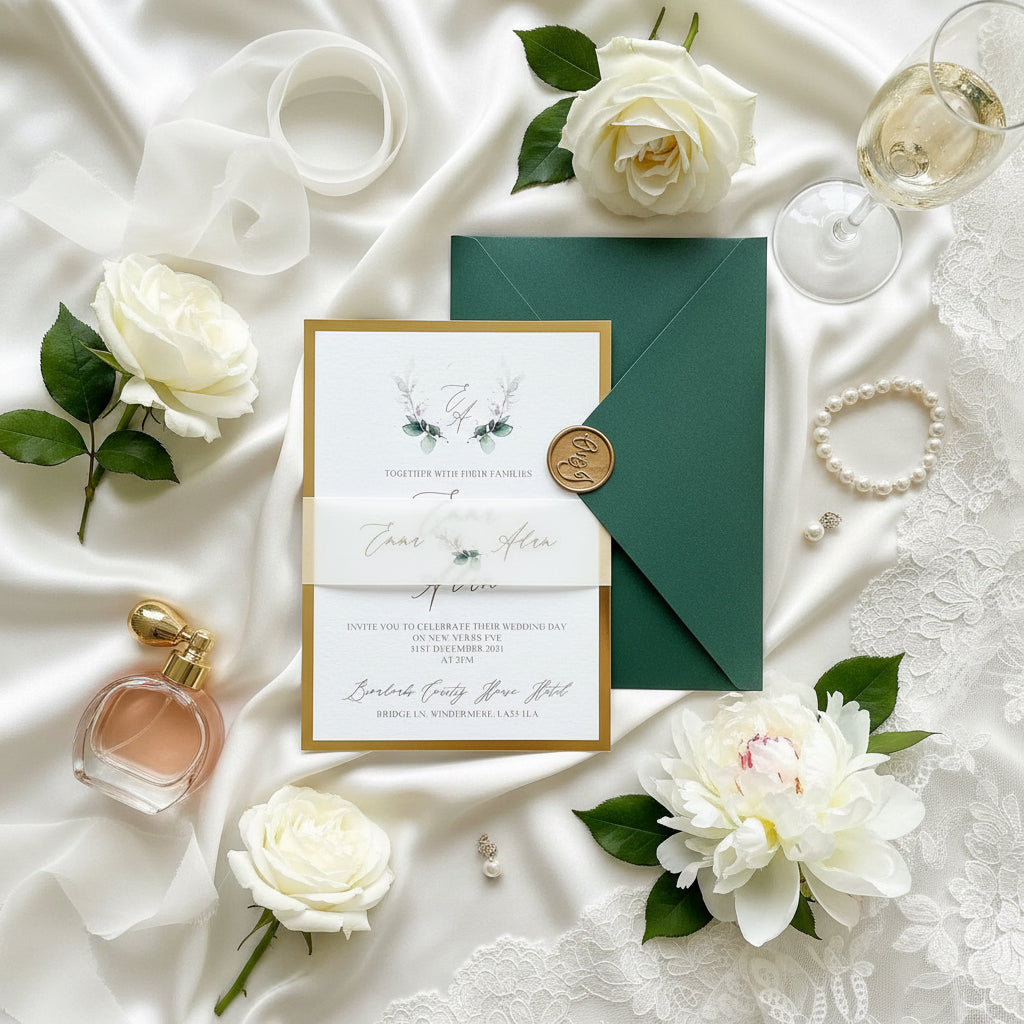 Emerald Green & Gold Mirror Wedding Invitation