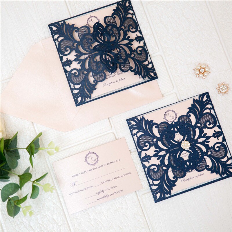 Navy Laser Cut Wedding Invitation, Blush and Silver Glitter