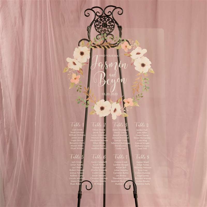 Floral Wreath Clear Acrylic Wedding Seating Plan