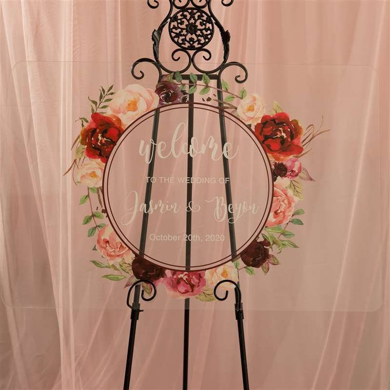 Burgundy Blush Floral Wreath Acrylic Wedding Welcome Sign