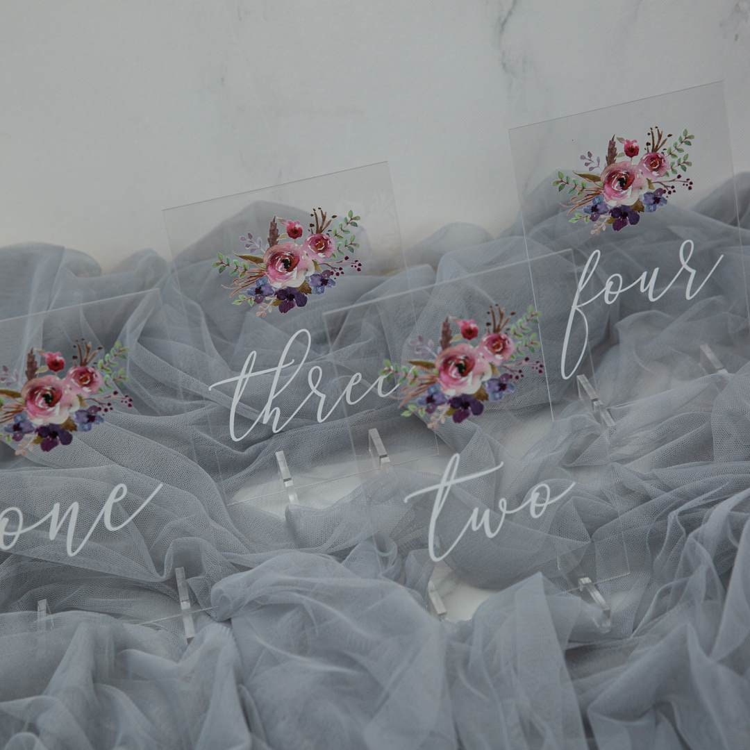 Floral Acrylic Wedding Table Number, Painted Purple & Pink