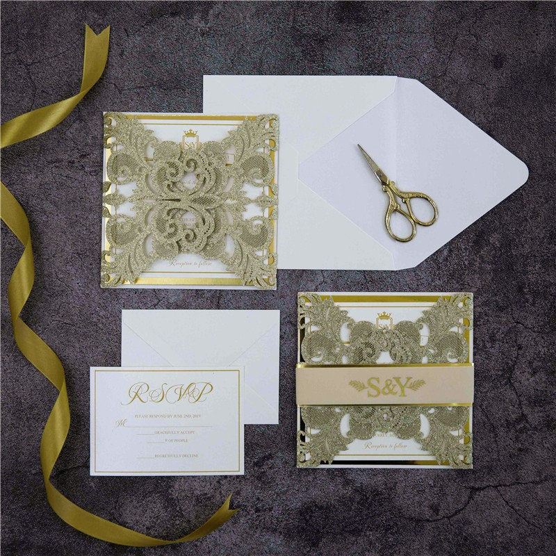 Gold Foil & Gold Glitter Sparkle Lasercut Wedding Invitation with Vellum Bellyband Detailing