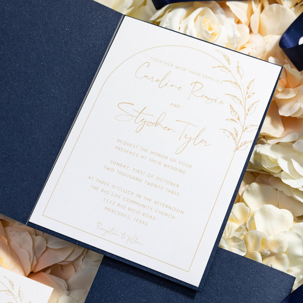 Pocketfold Wedding Invitation in Navy with pampas detailing & matching inserts