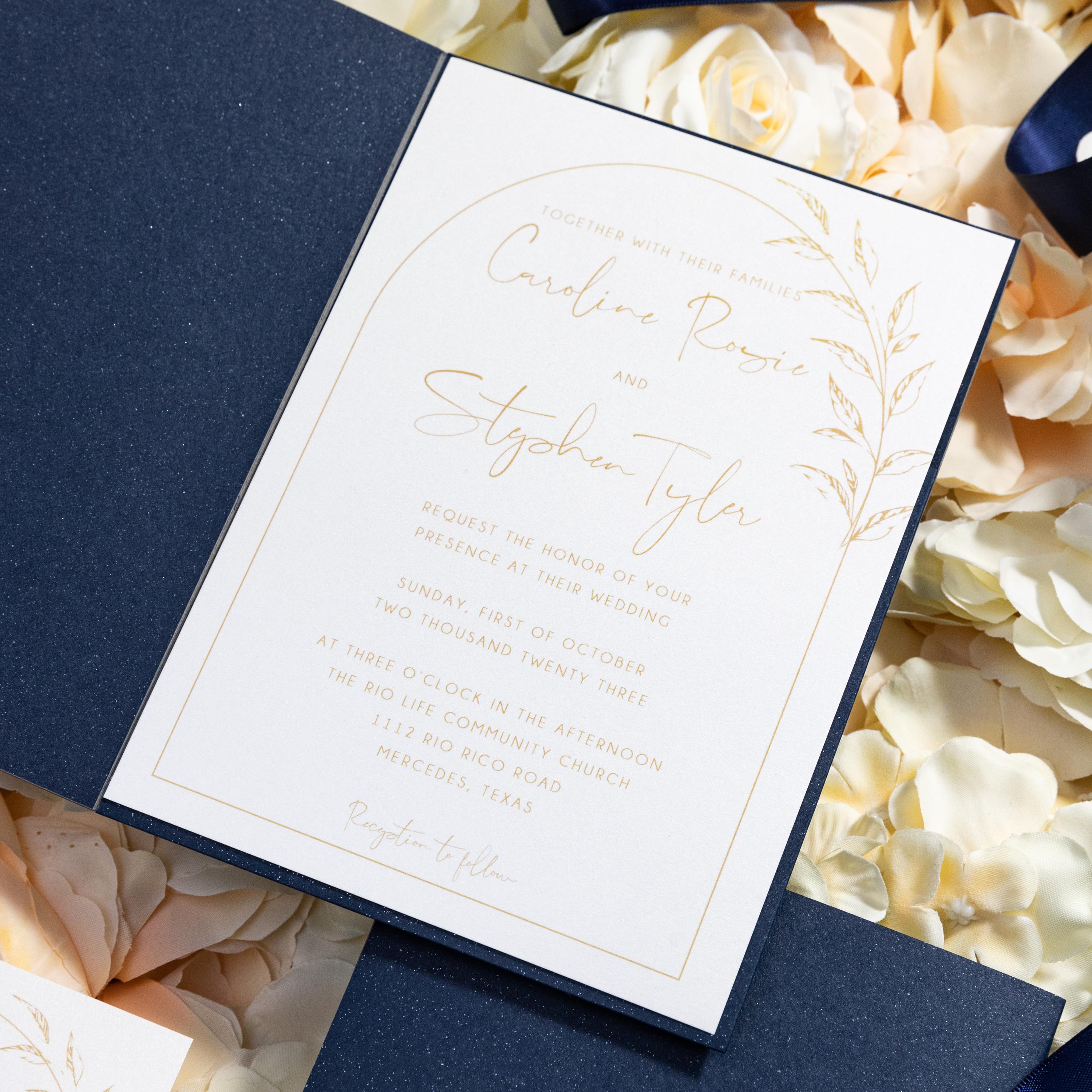 Pocketfold Wedding Invitation in Navy with pampas detailing & matching inserts